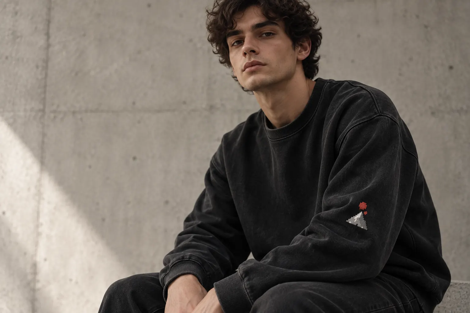 Model in a charcoal sweatshirt with a small pixel-art mountain embroidered on the sleeve